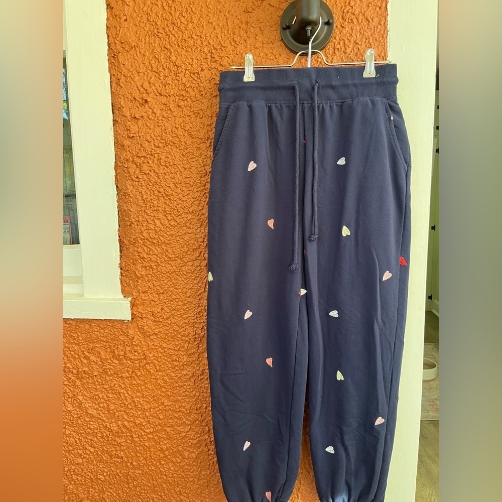 Women’s Brushed Embroidered Heart Joggers Navy Blue Size Medium Valentine’s Day